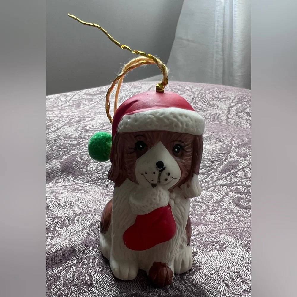 Holly Bells Figurine Puppy Dog Bell Christmas Ornament porcelain Giftco Vintage